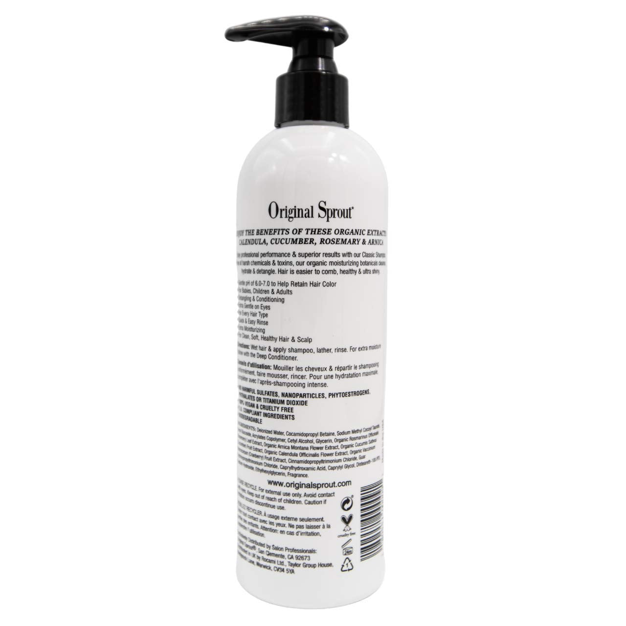 Original Sprout Classic Shampoo bottle back label highlights clean ingredients