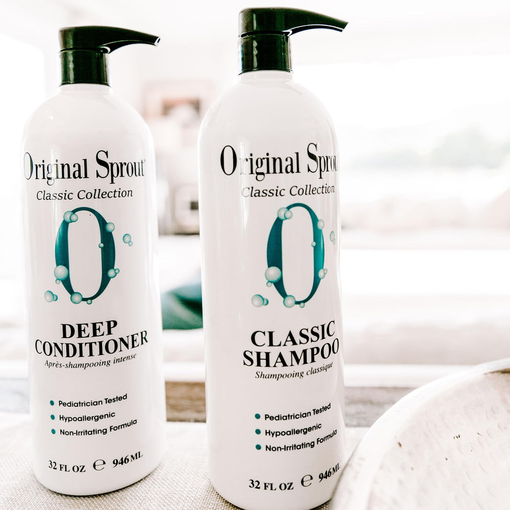Original Sprout Classic Shampoo label closeup showing vegan, sulfate-free formula.