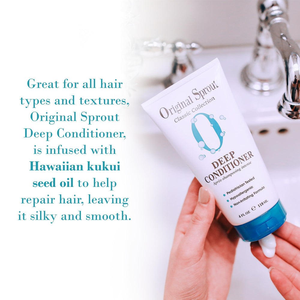 Original Sprout Deep Conditioner ingredients closeup with kukui oil and botanicals