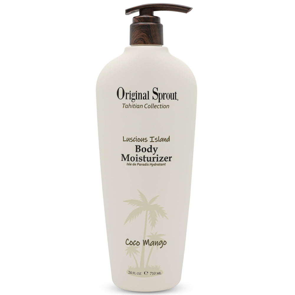 Original Sprout Luscious Island Moisturizer bottle front, lightweight hydration, tropical coconut-mango scent.