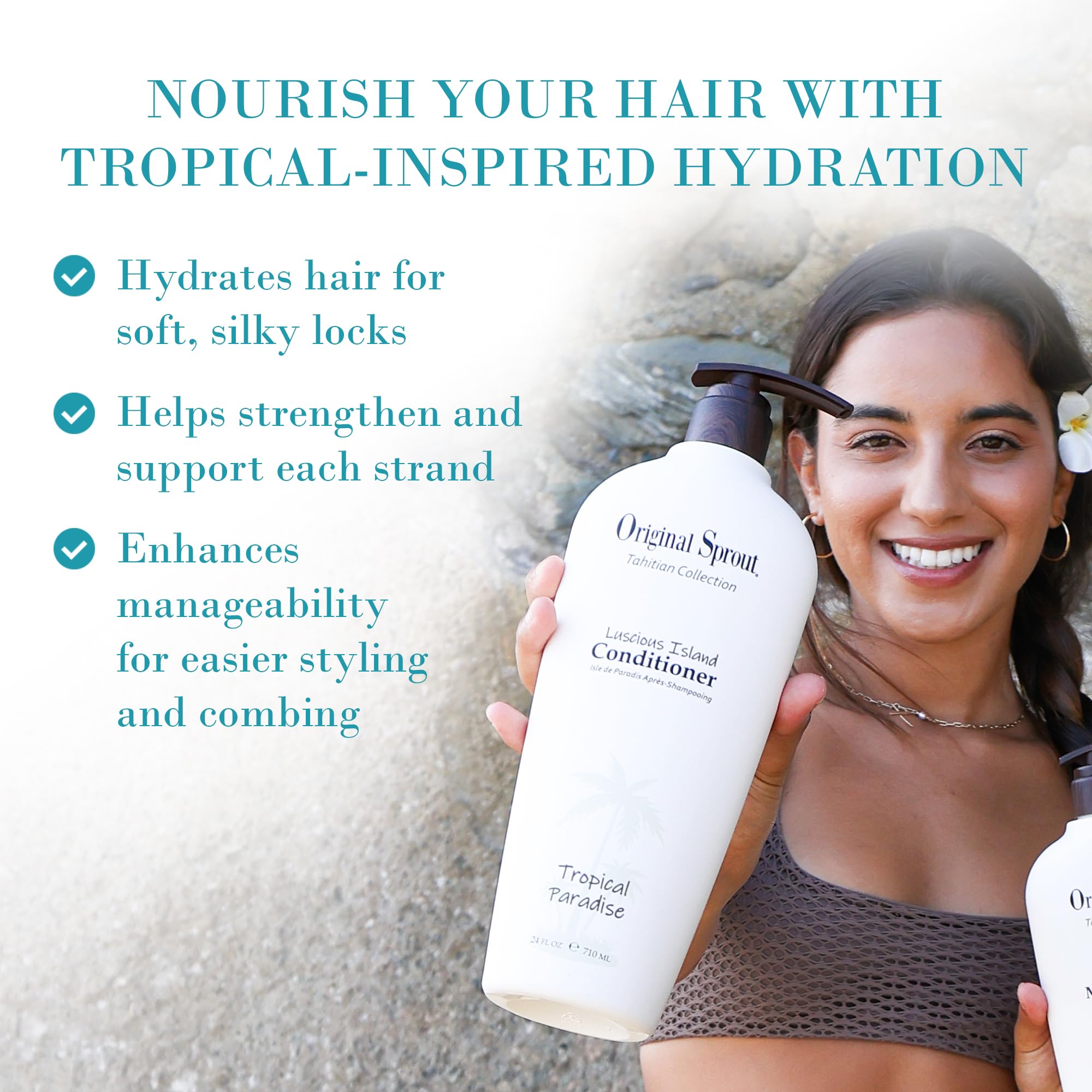 Original Sprout Luscious Island conditioner label highlights vegan, sulfate-free ingredients