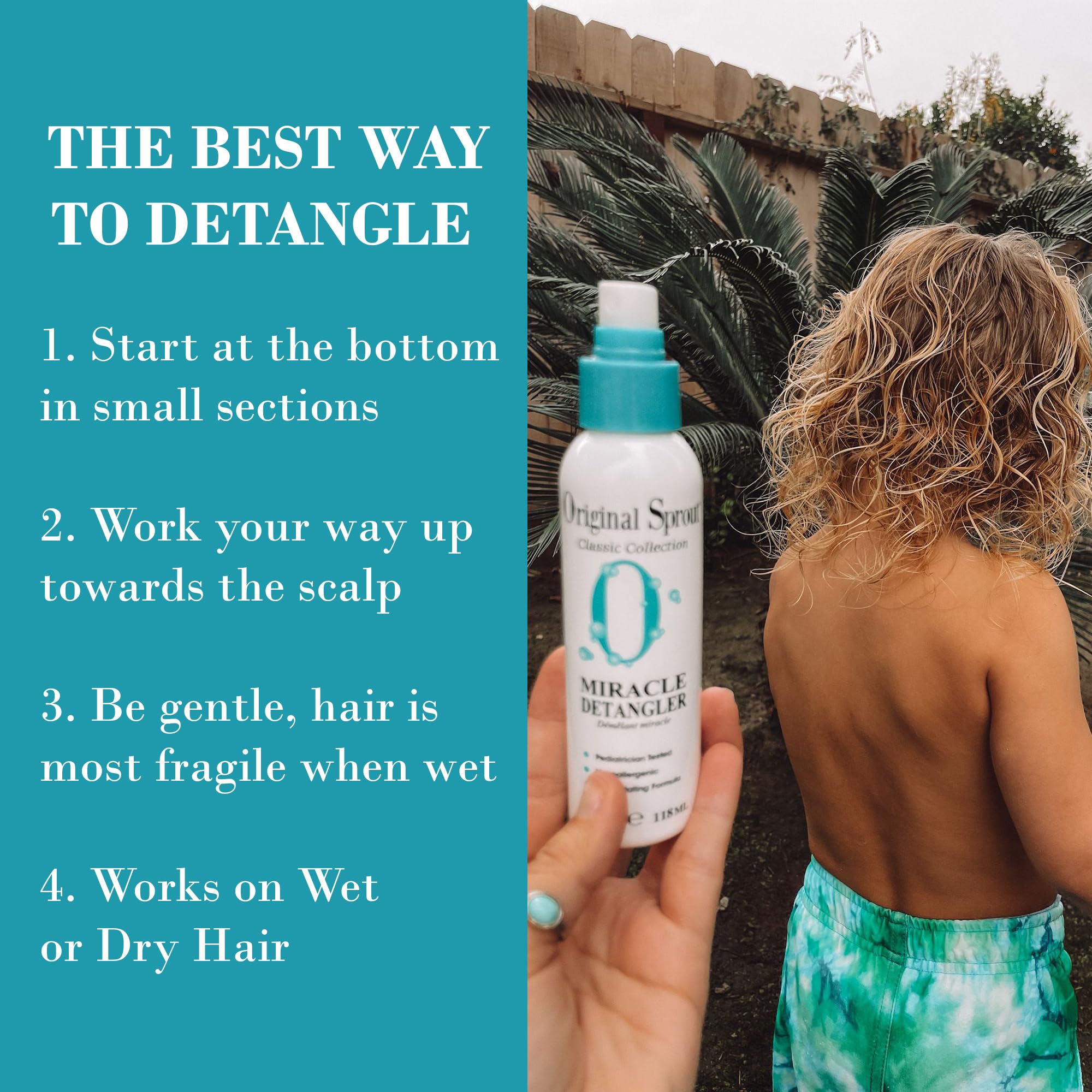 Original Sprout Miracle Detangler Spray being sprayed on kid's hair.