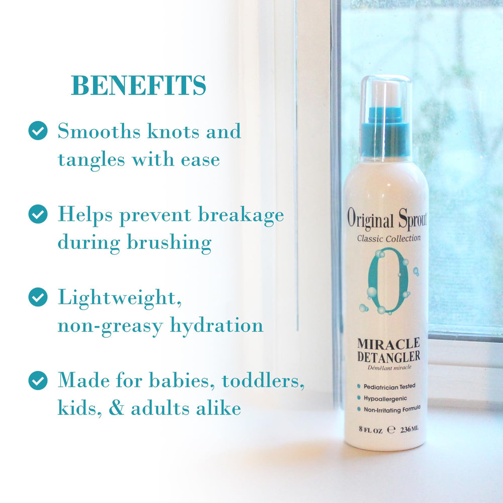 Original Sprout Miracle Detangler Spray nozzle applying lightweight detangler for soft, frizz-free hair.