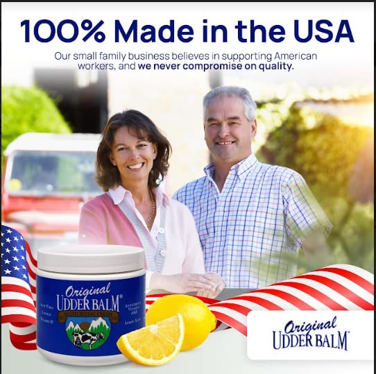 Original Udder Balm made-in-usa badge emphasizes trusted quality for daily skin care.