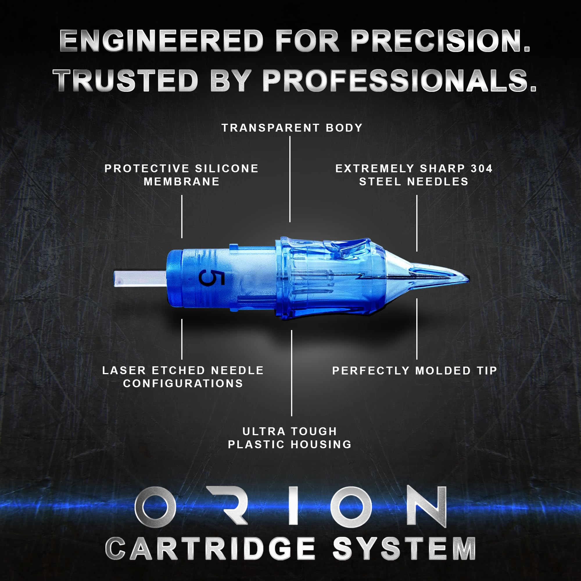 Orion Tattoo Cartridges size 7cm cartridge with long taper for control.