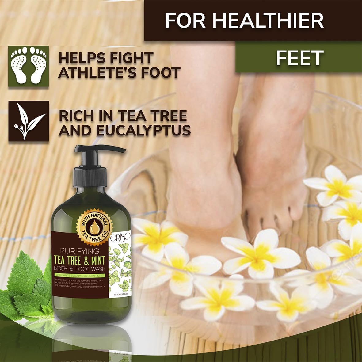 ORISO Tea Tree Body Wash in a bright bathroom offering a spa-like cleanse.