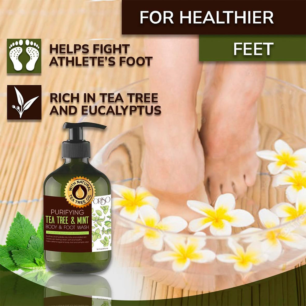 ORISO Tea Tree Body Wash in a bright bathroom offering a spa-like cleanse.