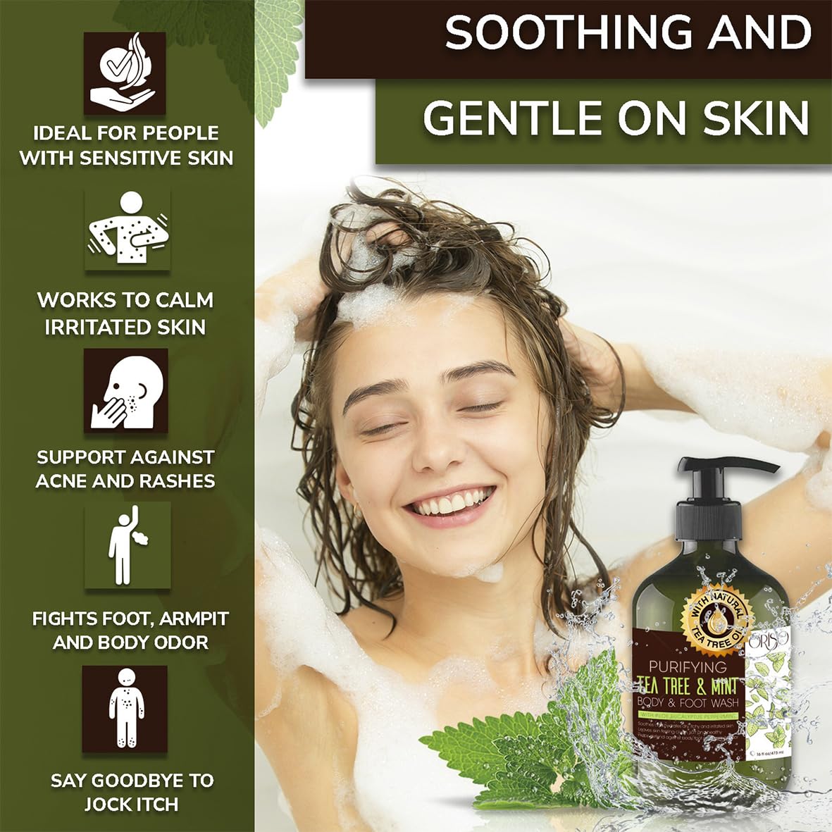 ORISO Tea Tree Body Wash with Mint close-up highlights botanicals for skin care.