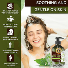 ORISO Tea Tree Body Wash with Mint close-up highlights botanicals for skin care.