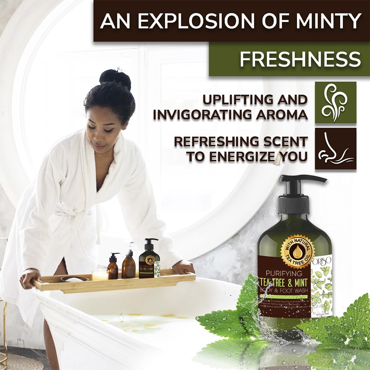 ORISO Tea Tree Body Wash used on feet and armpits for gentle cleansing.