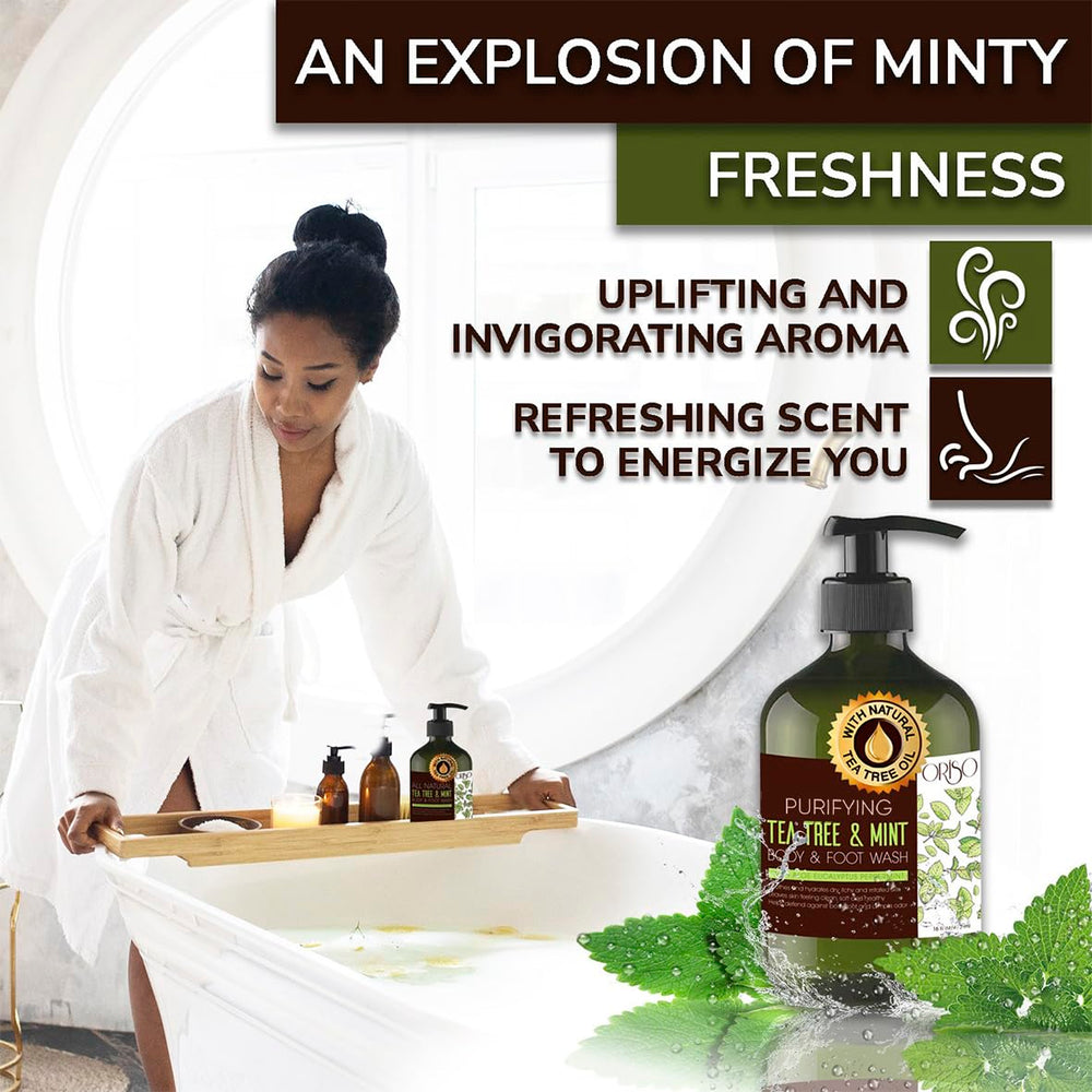 ORISO Tea Tree Body Wash used on feet and armpits for gentle cleansing.