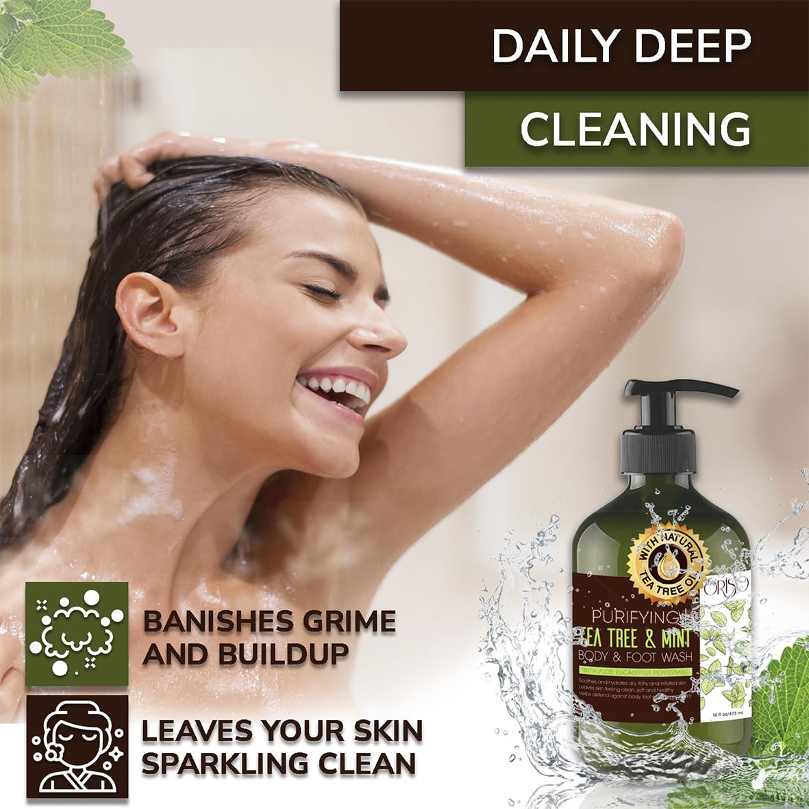 ORISO Tea Tree Body Wash foamy lather for deep cleansing and invigoration.