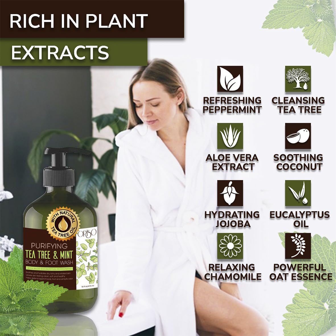 ORISO Tea Tree Body Wash in shower with droplets signaling a refreshing rinse.