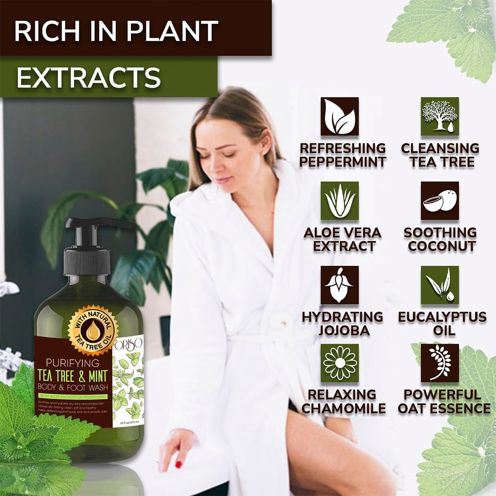 ORISO Tea Tree Body Wash in shower with droplets signaling a refreshing rinse.