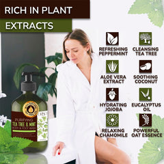 ORISO Tea Tree Body Wash in shower with droplets signaling a refreshing rinse.