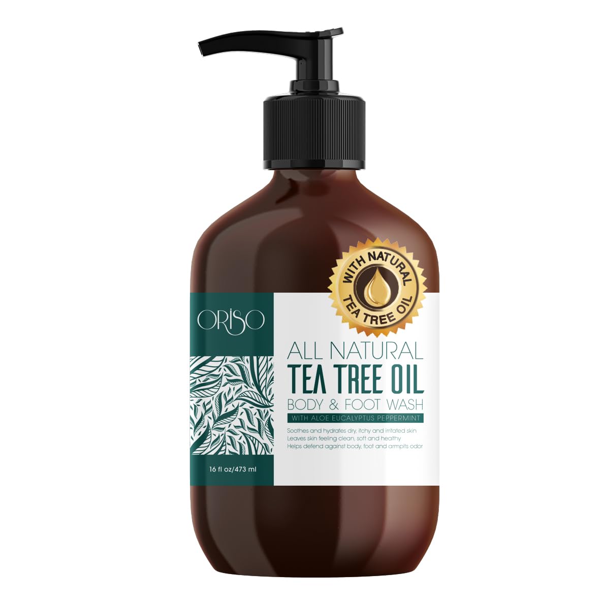 ORISO Tea Tree Oil Body Wash bottle showing sulfate-free formula with moisturizing aloe for daily care.