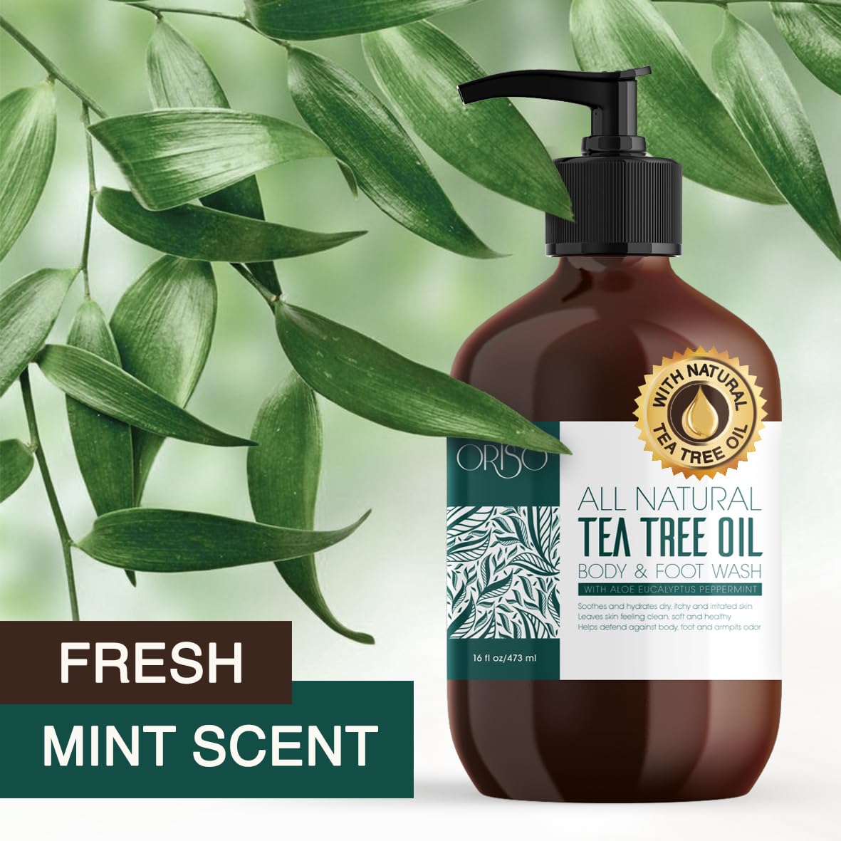 ORISO Tea Tree Oil Body Wash being poured for a quick, rich lather.