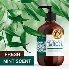 ORISO Tea Tree Oil Body Wash being poured for a quick, rich lather.