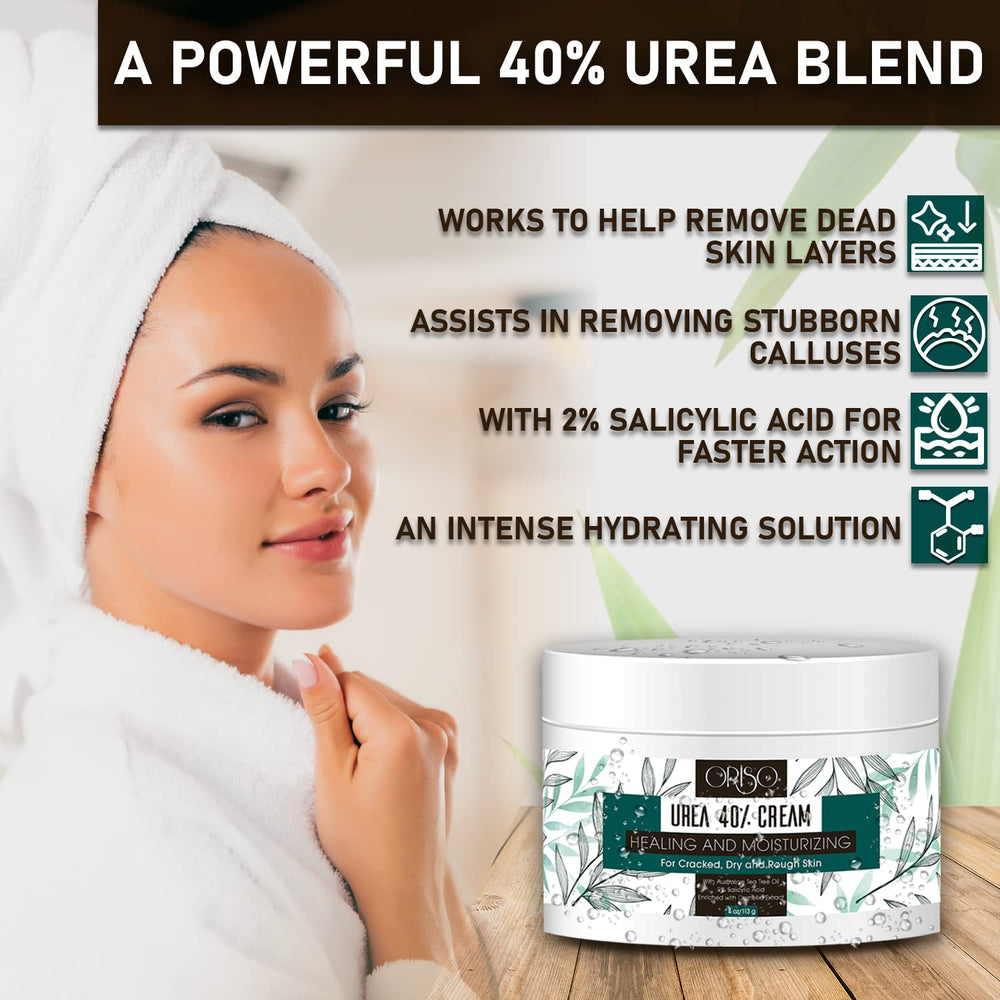 ORISO Urea Cream 40% foot care image highlighting moisturized feet and arches.
