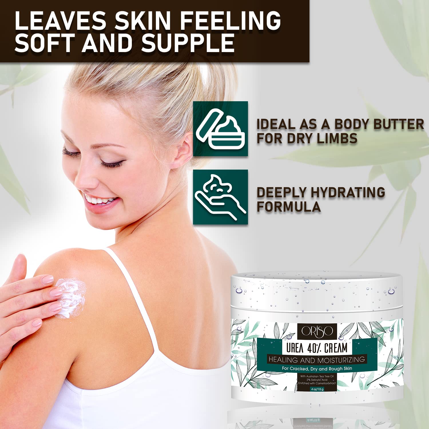 ORISO Urea Cream 40% texture closeup of rich cream for daily use.