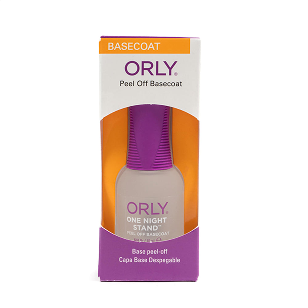 Orly One Night Stand Peel-Off Basecoat bottle showing easy glitter removal and nail protection