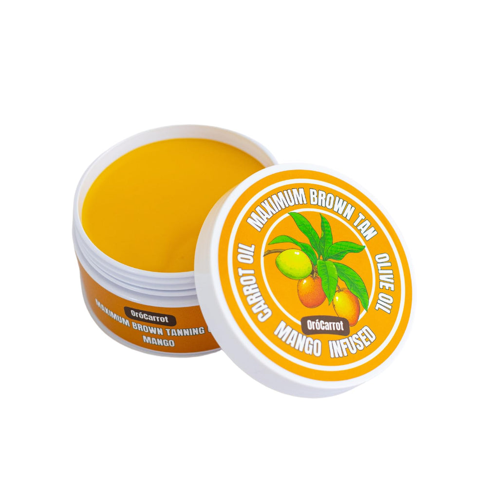OroCarrot Maximum Brown Tanning Gel mango bottle for a natural bronze finish with mango scent.