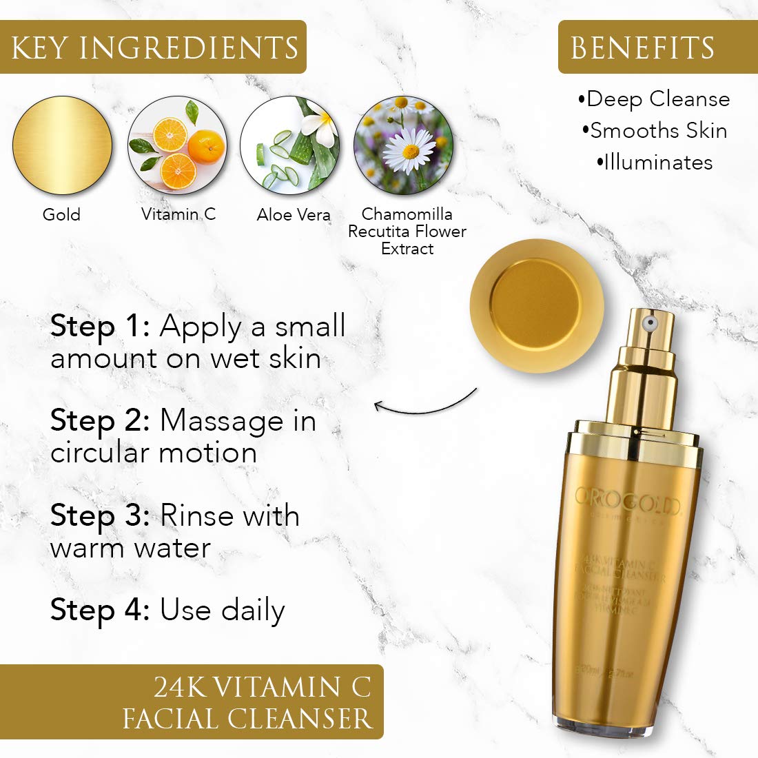 Oro Gold 24K Vitamin C cleanser bottle inside view highlights premium skincare routine