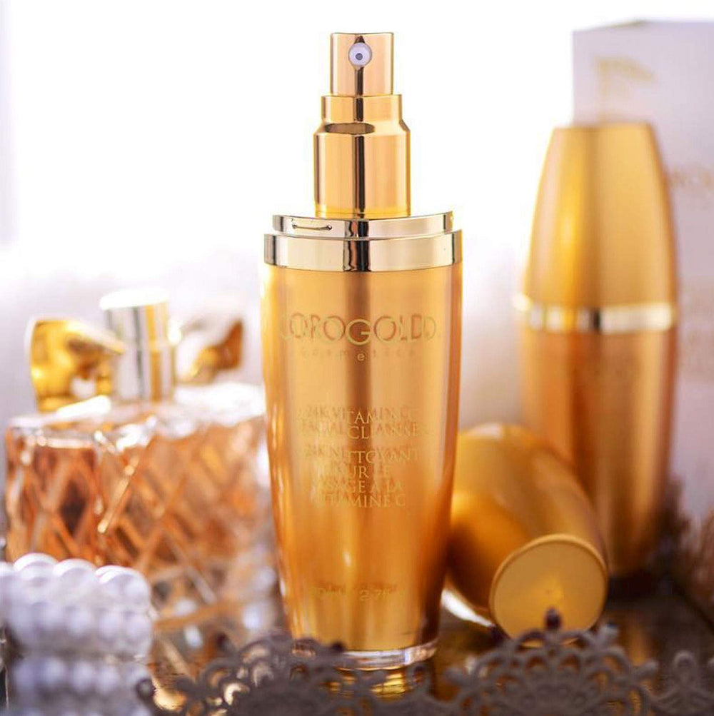 Oro Gold 24K Vitamin C cleanser packaging display emphasizes luxe gold-infused formula