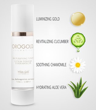 Orogold White Gold 24K Purifying Toner being poured to show gentle cleansing and even application.