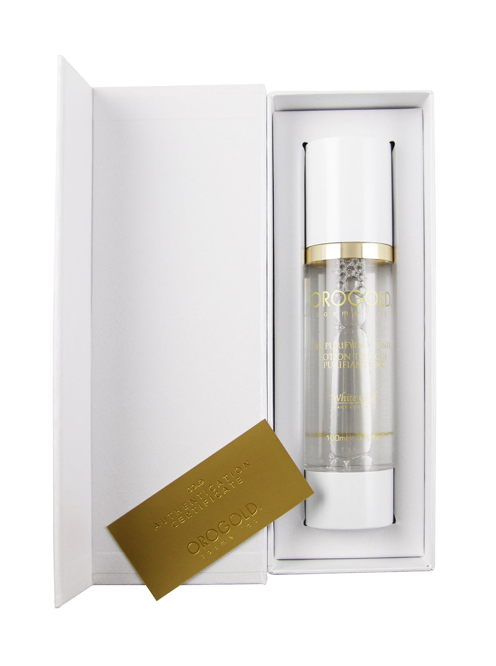 Orogold cruelty-free packaging for the White Gold Toner, an ethical skincare choice.