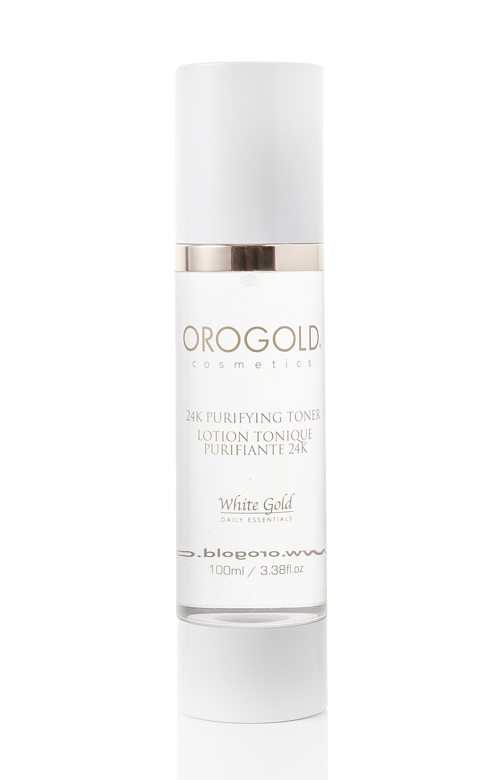 Orogold White Gold 24K Purifying Toner ingredients close-up highlighting cucumber, aloe, and chamomile.