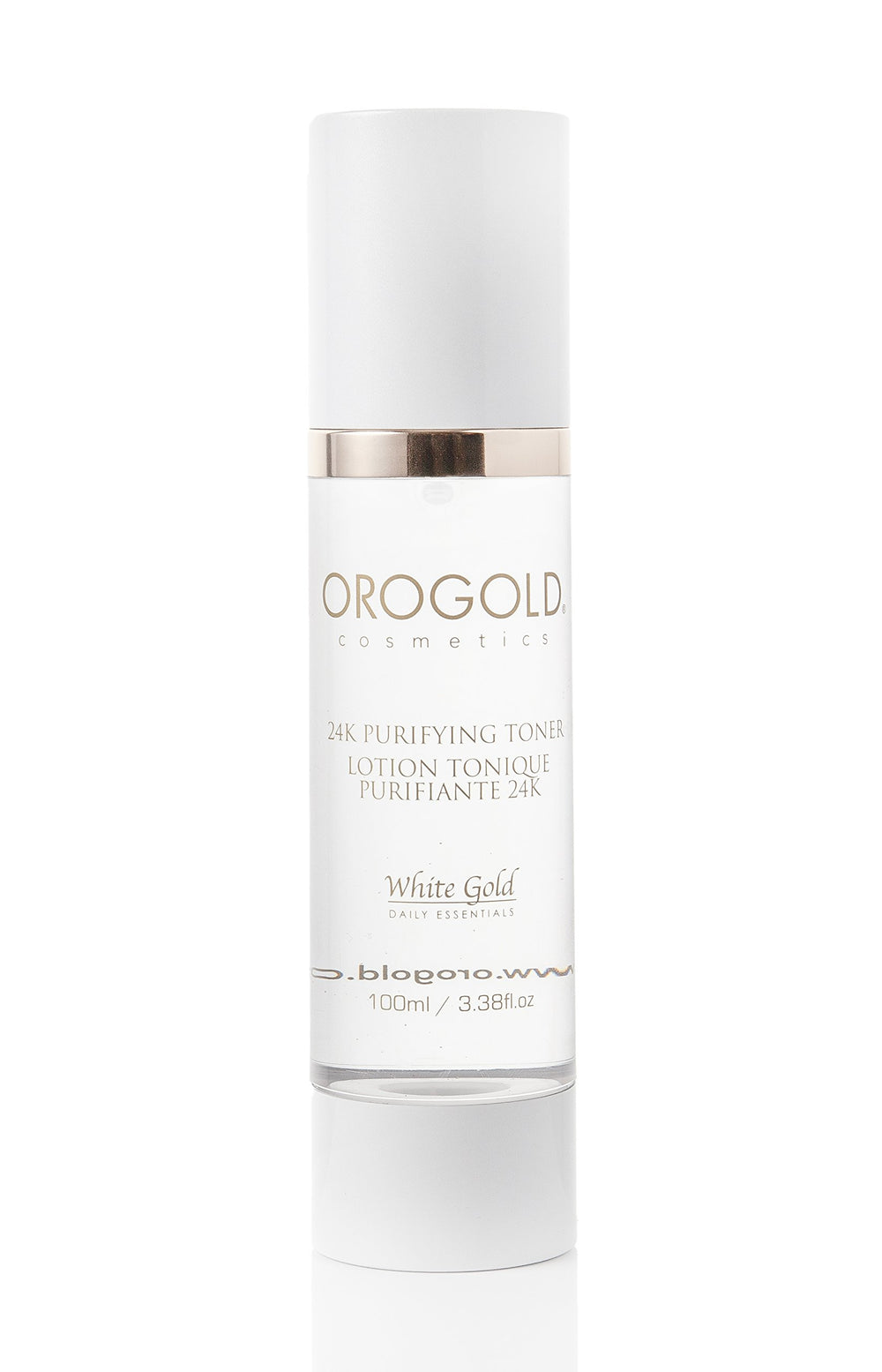 Orogold White Gold 24K Purifying Toner ingredients close-up highlighting cucumber, aloe, and chamomile.