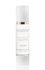 Orogold White Gold 24K Purifying Toner ingredients close-up highlighting cucumber, aloe, and chamomile.