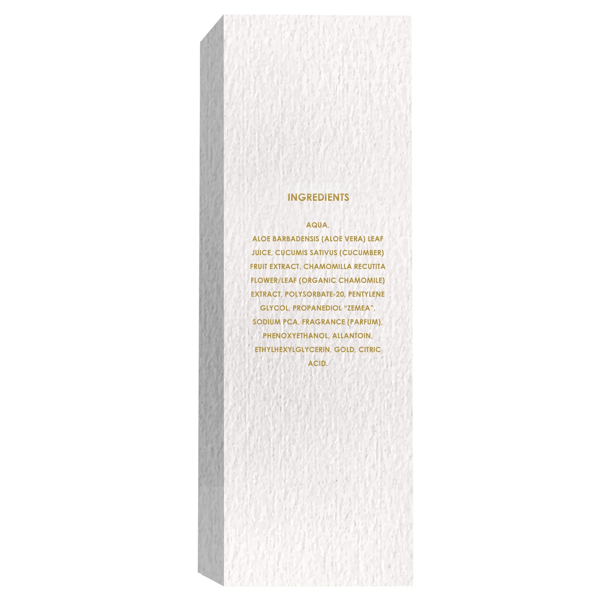 Orogold White Gold 24K Purifying Toner ingredients label featuring Aloe Vera, Cucumber, Chamomile for soothing support.