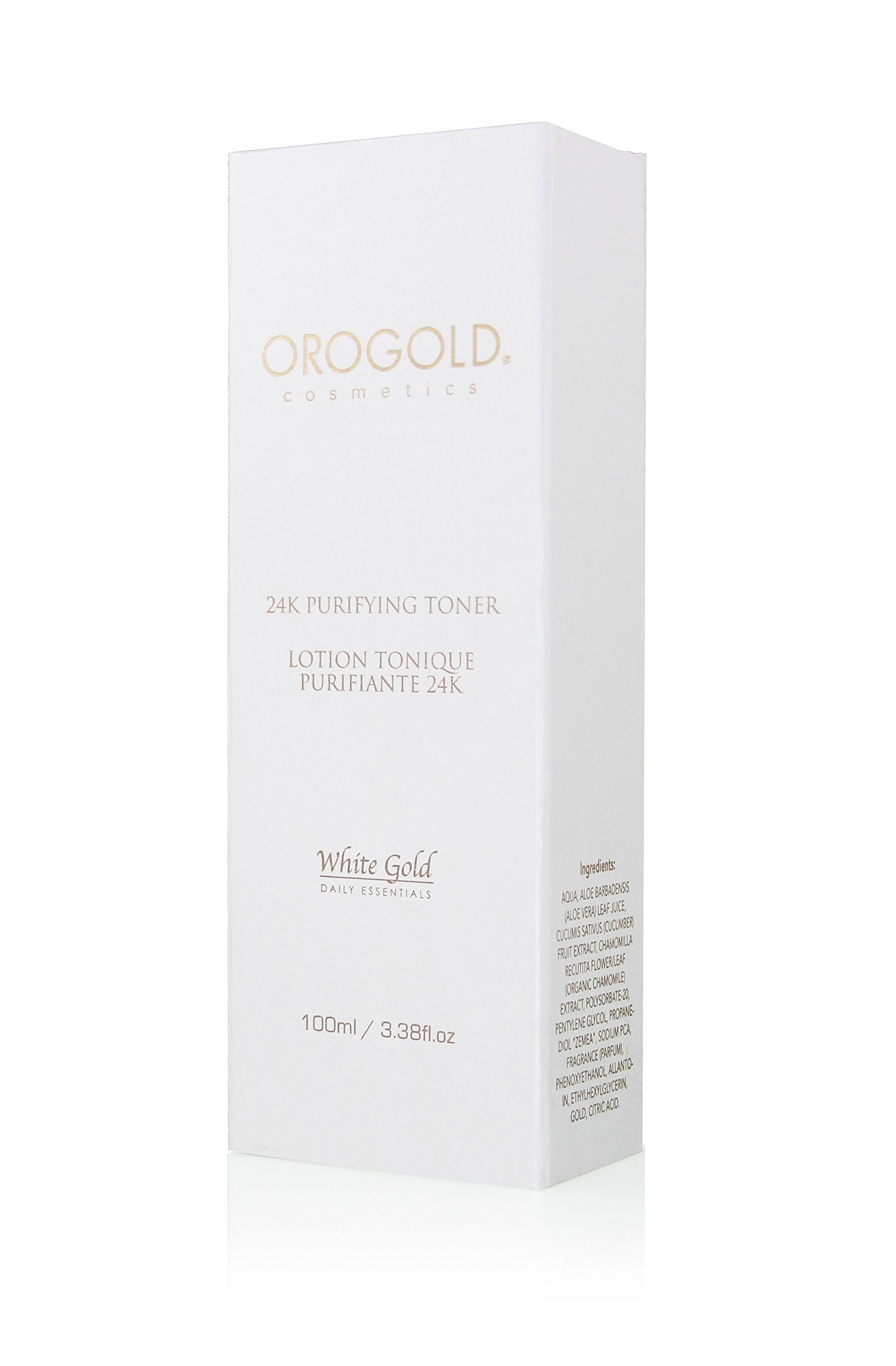 Orogold White Gold 24K Purifying Toner travel bottle ideal for on-the-go routine.