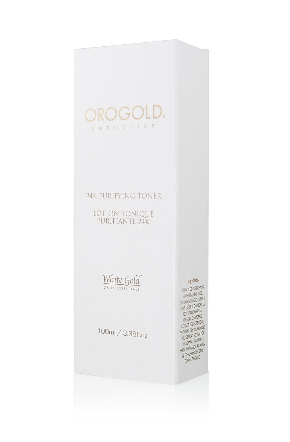 Orogold White Gold 24K Purifying Toner travel bottle ideal for on-the-go routine.