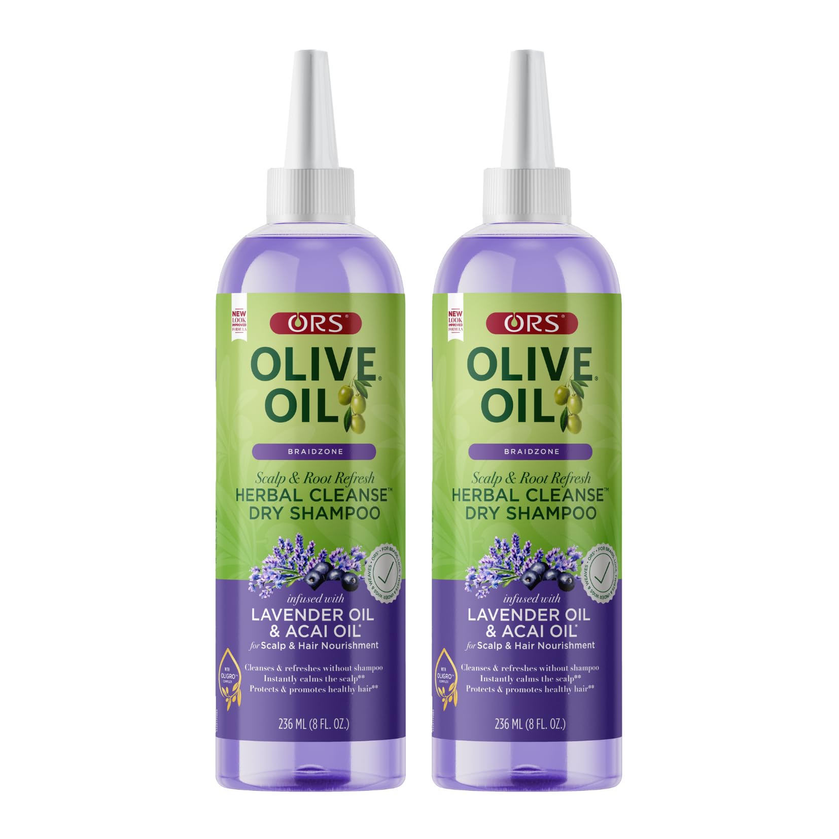 ORS Braidzone dry shampoo lavender bottle for no-water refresh on braids.