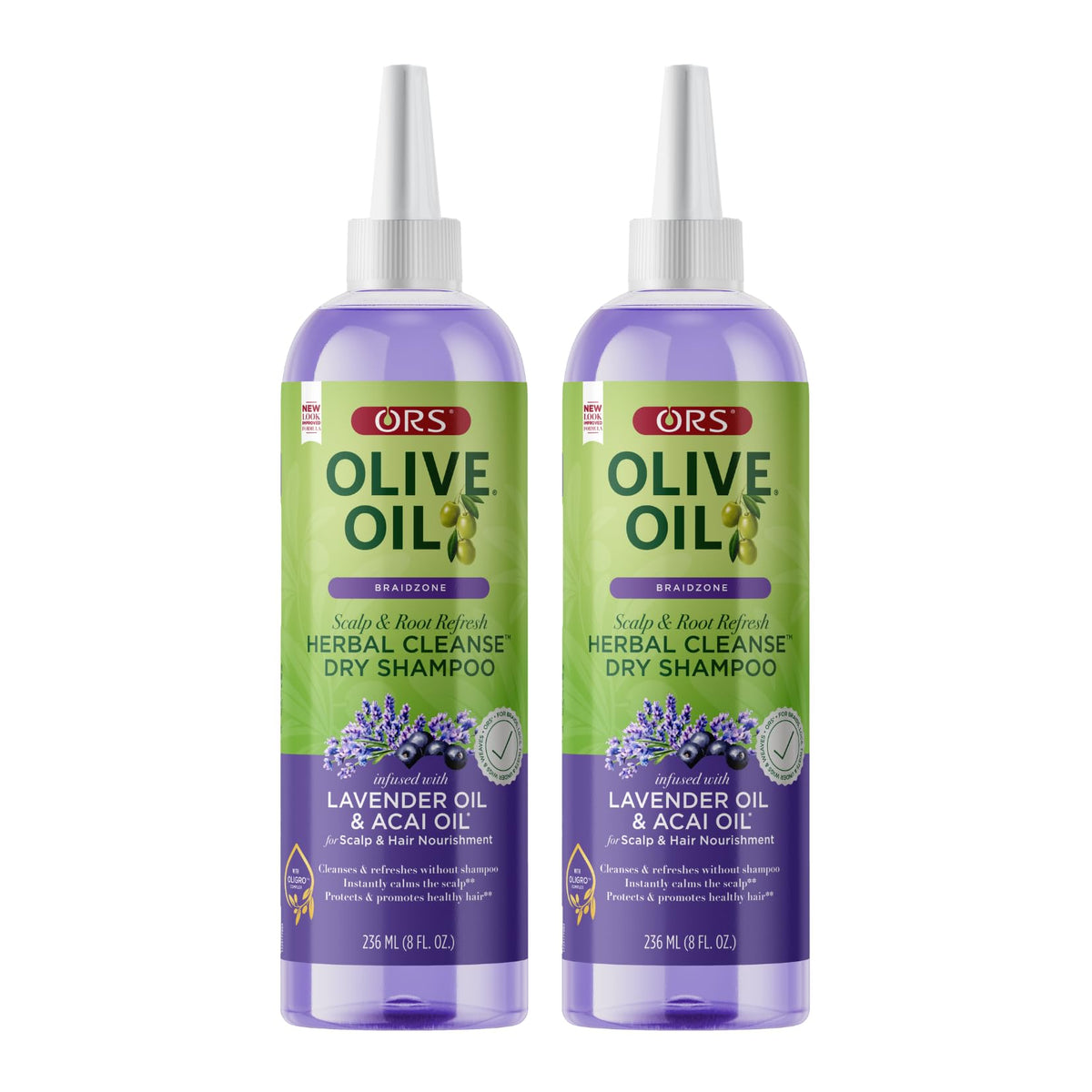 ORS Braidzone dry shampoo lavender bottle for no-water refresh on braids.