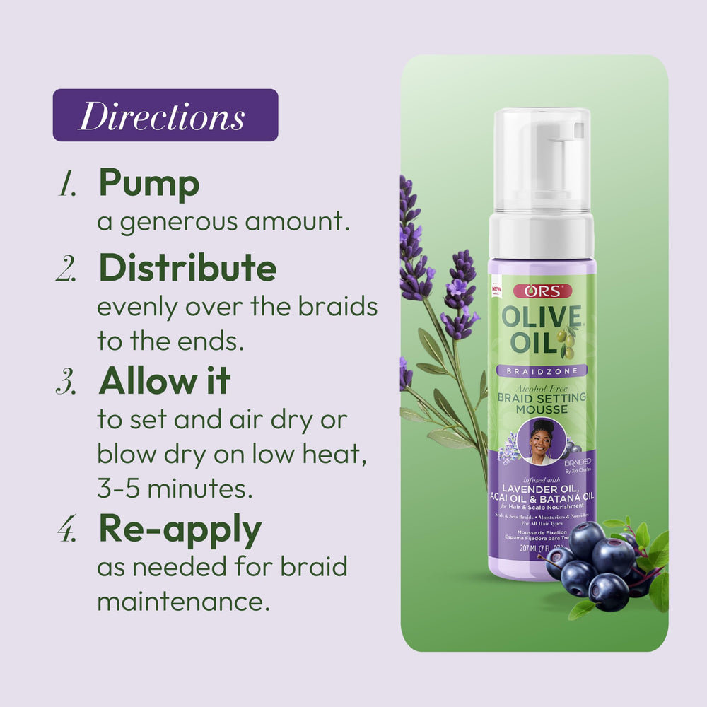 ORS Braidzone Mousse lavender-acai-batana oils support scalp comfort