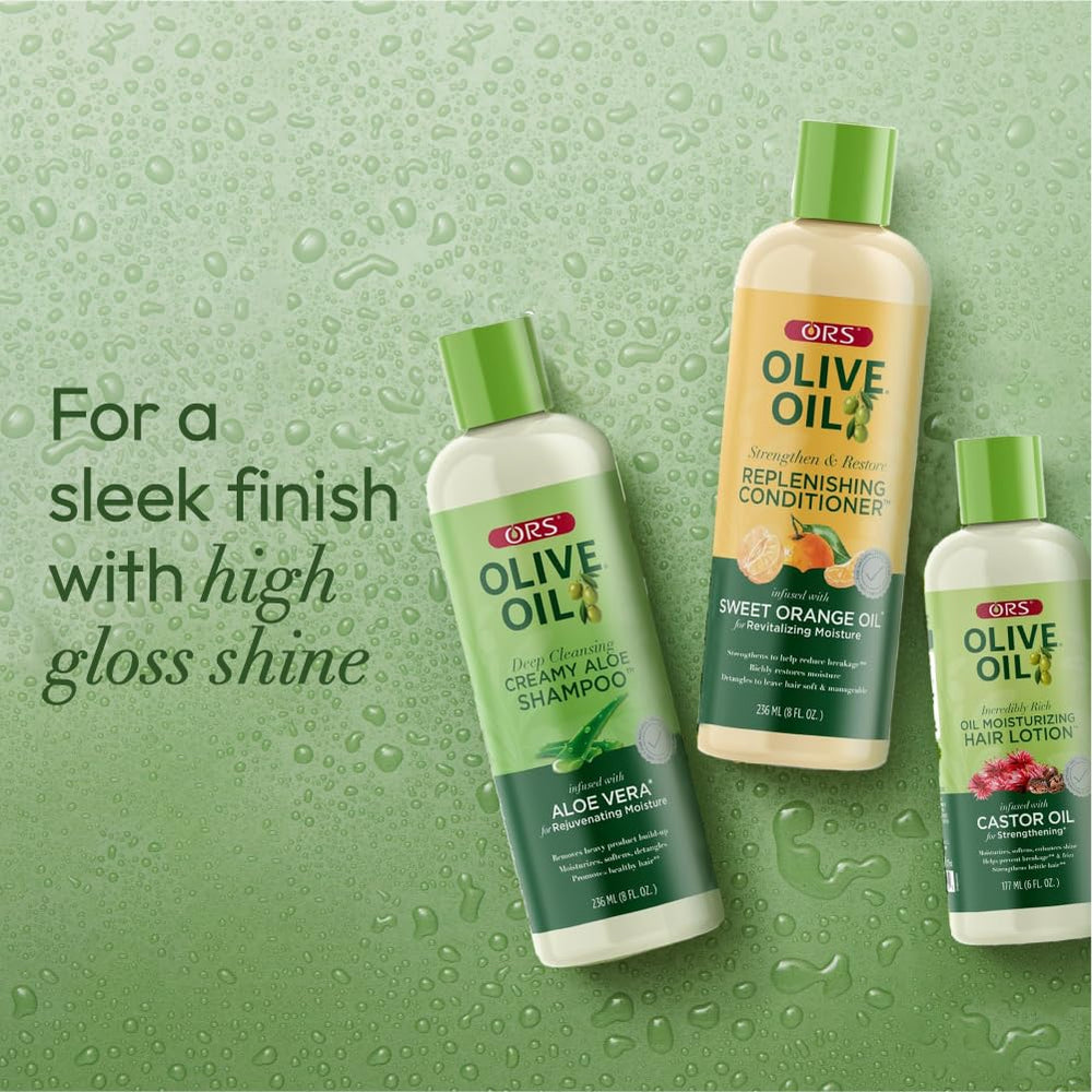 Hair after washing shows natural shine with ORS product close-up.