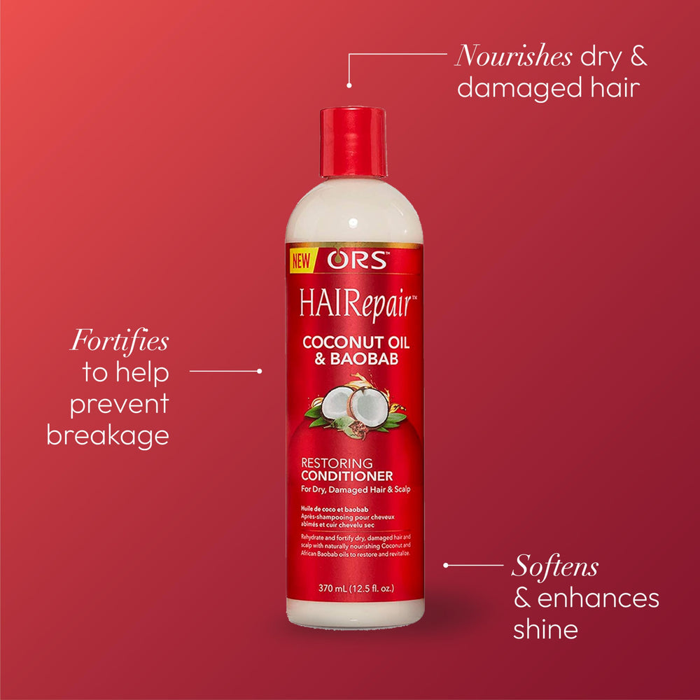 Coconut and baobab oil ingredients visual for ORS HAIRepair conditioner