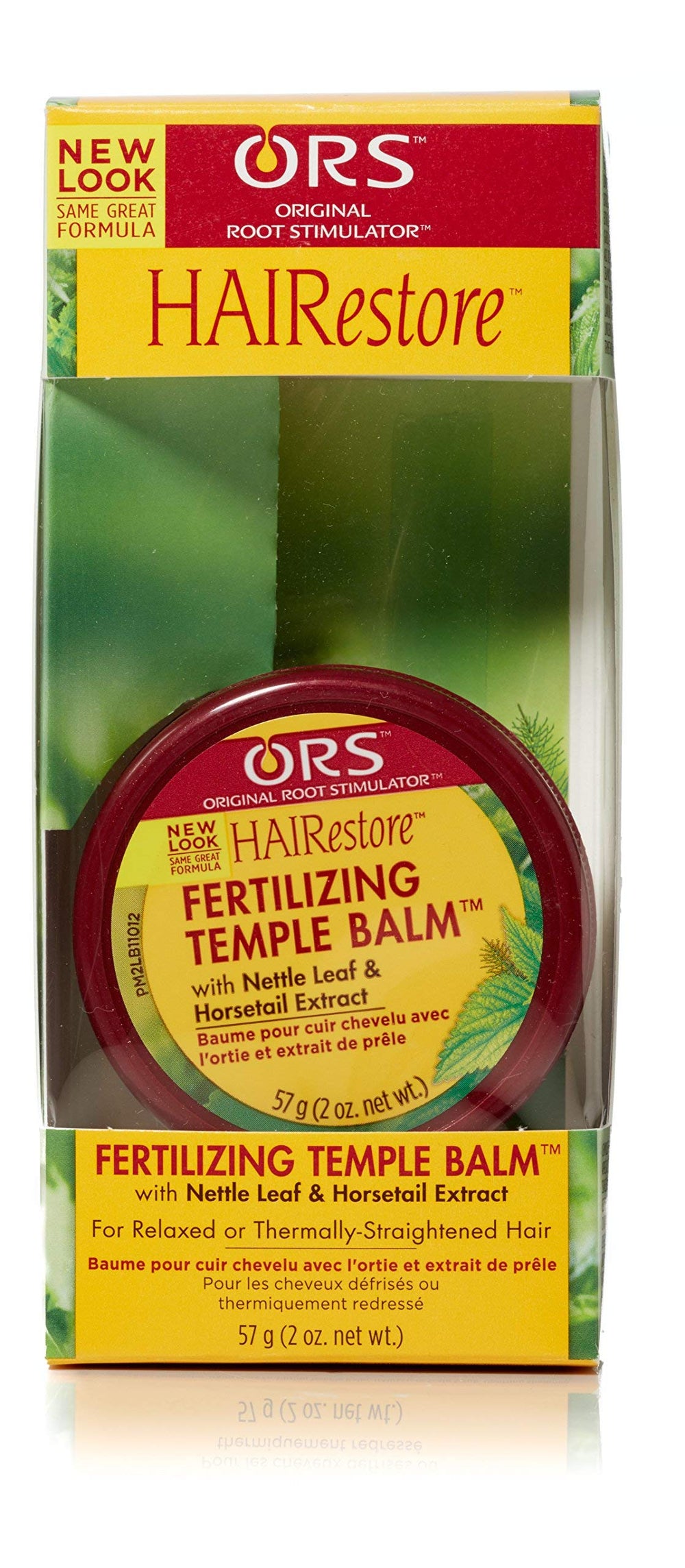 ORS HAIRestore Fertilizing Temple Balm label close-up highlighting nettle and horsetail formula.