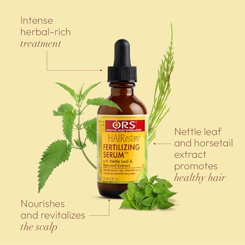 Close-up of ORS HAIRestore label highlighting nettle and horsetail benefits.