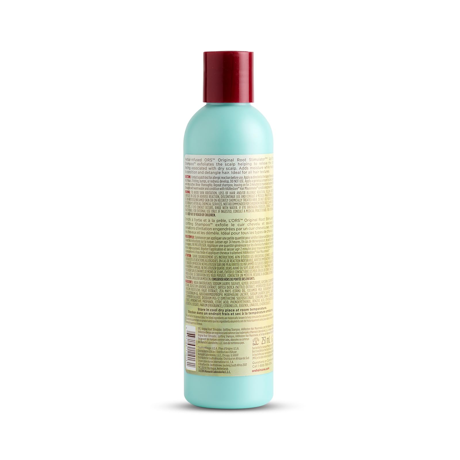 ORS HAIRestore label closeup highlights nettle leaf and horsetail, natural scalp care.