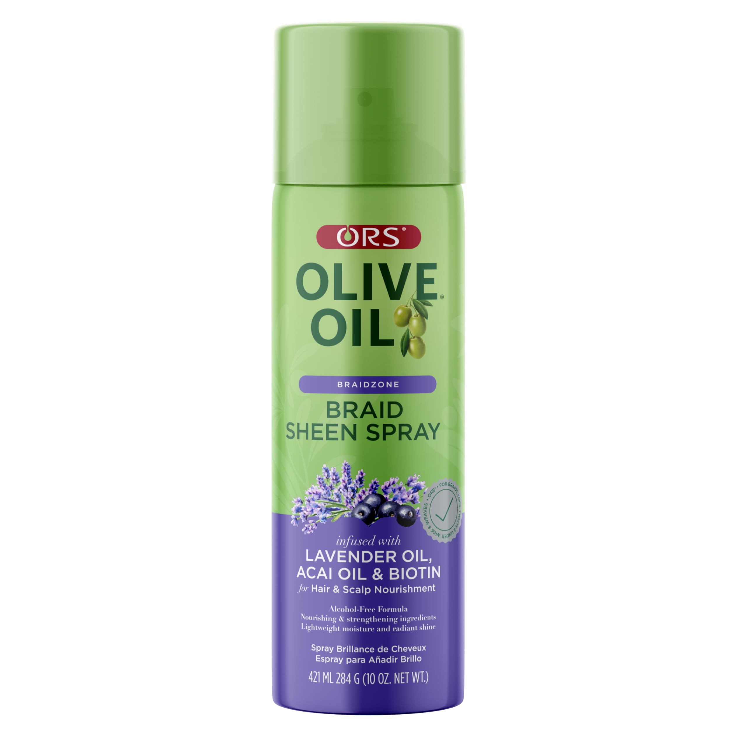 ORS Olive Oil Braidzone spray bottle with lavender for scalp soothing and shine