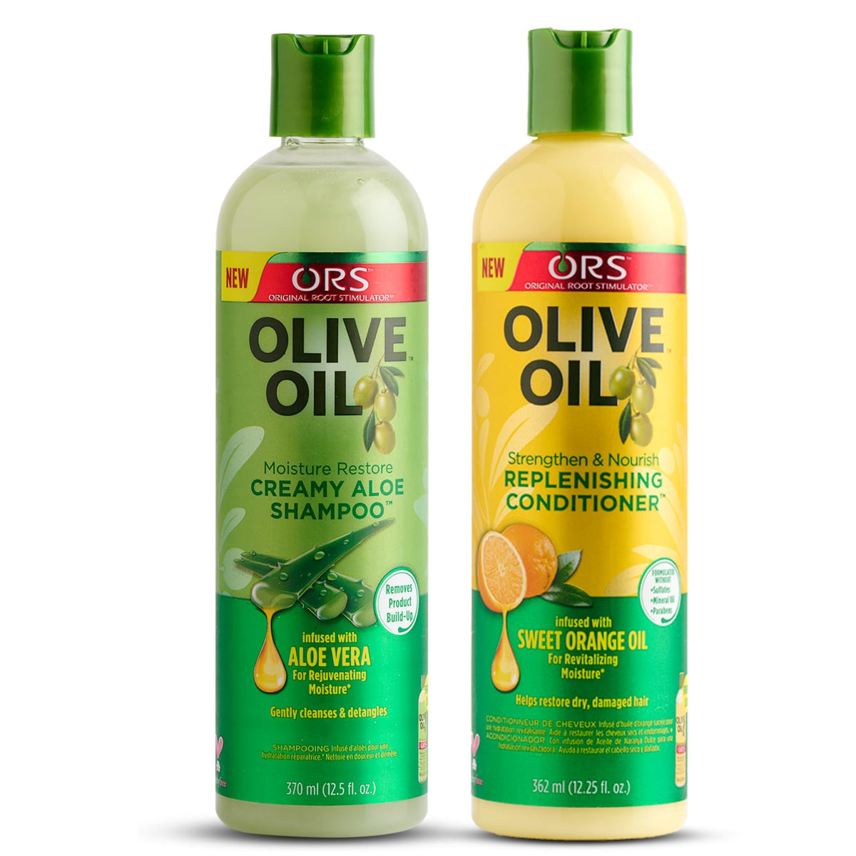 ORS Olive Oil Creamy Aloe Shampoo bottle shows nourishing cleanse for all hair types.
