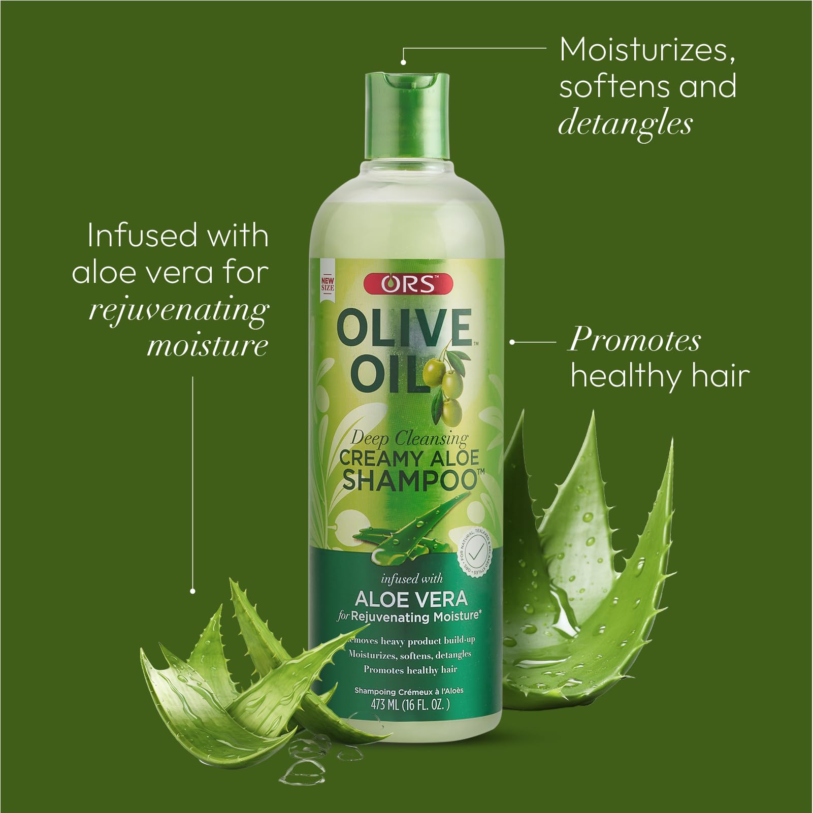 ORS Olive Oil Deep Cleansing Shampoo image shows olive oil and aloe vera nourishment ingredients.