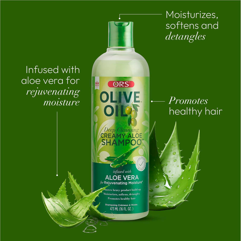 ORS Olive Oil Deep Cleansing Shampoo image shows olive oil and aloe vera nourishment ingredients.