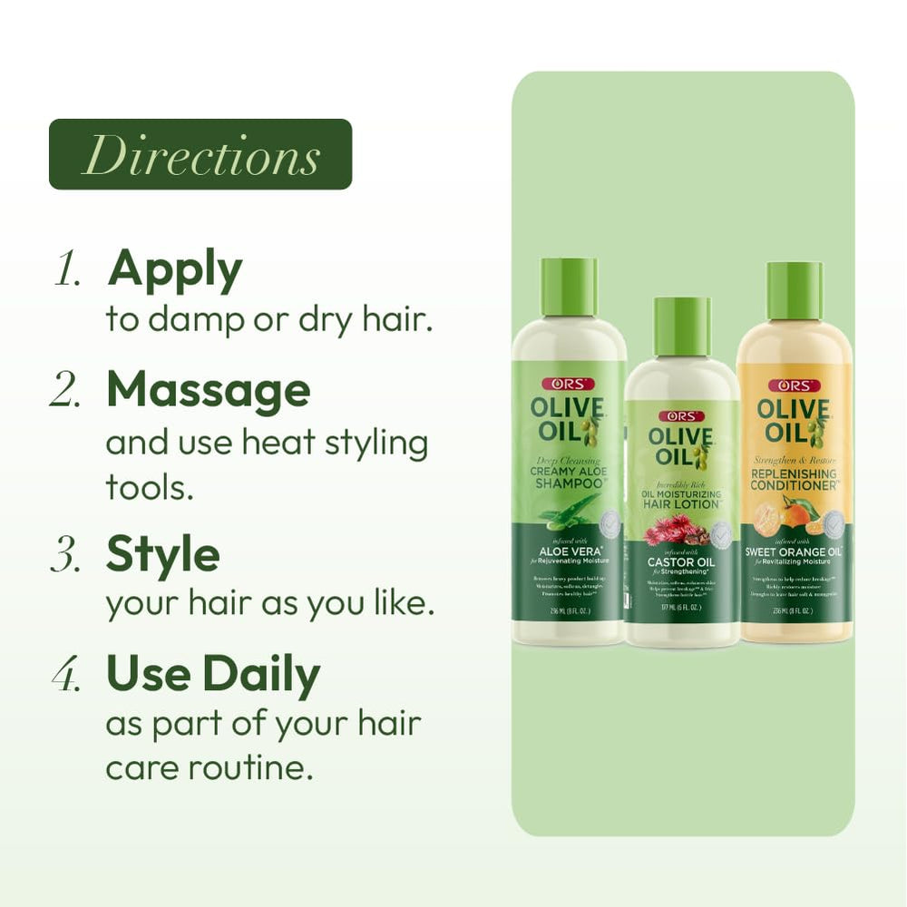 ORS Olive Oil hair care line on bathroom shelf