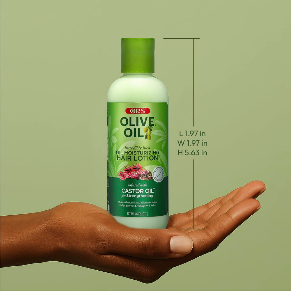ORS Olive Oil Incredibly Rich Hair Lotion application showing hair nourishment and heat protection